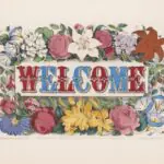 Blue and red WELCOME text surrounded by flowers on a beige background
