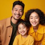 Family of dad, mom, and daughter smile together while wearing gold against a yellow background