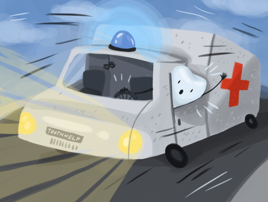graphic illustration of emergency vehicle with a tooth, dental emergency, dental emergencies
