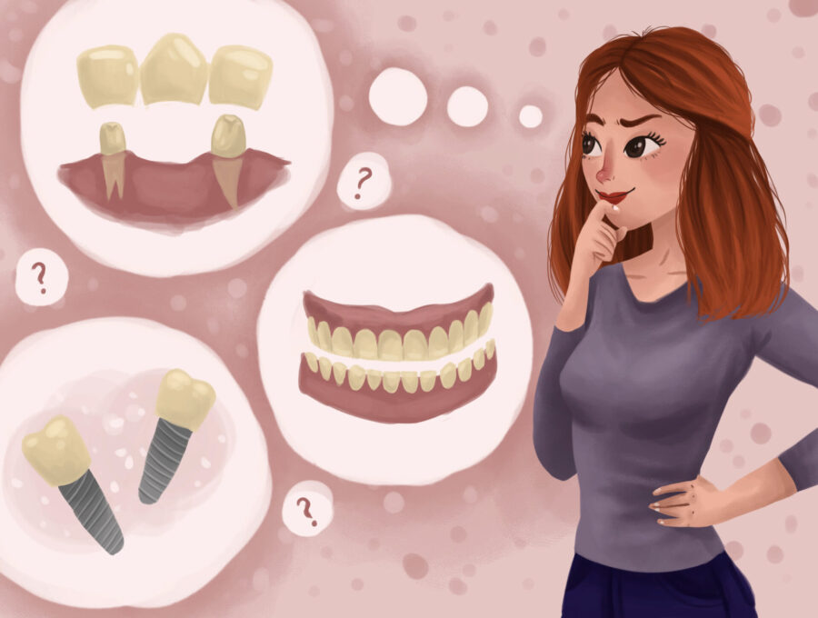 denture bridge or dental implant for tooth replacement